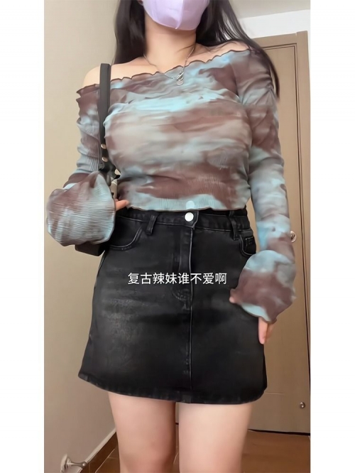 MR Original Fabric Sexy Off-Shoulder Tie-Dye T-Shirt for Women, Early Autumn, Slim Fit, Short Style