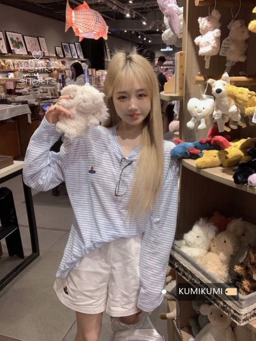 MR Original Fabric Relaxed Loose Striped Sunscreen Long-Sleeve T-Shirt for Women, Classic Versatile Round Neck Top for Summer