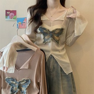 MR [Original Fabric 40D Mesh] American Style Butterfly Patchwork Long-Sleeve T-Shirt for Women, Early Autumn, Unique V-Neck