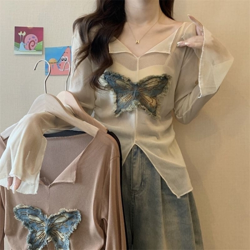 MR [Original Fabric 40D Mesh] American Style Butterfly Patchwork Long-Sleeve T-Shirt for Women, Early Autumn, Unique V-Neck