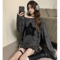 MR [Original Ripped Fabric] Hot Girl Ripped Hollow Out Off-Shoulder Mid-Length Top for Women, Autumn Star Loose Fit