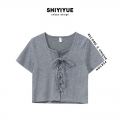 Women's short-sleeved gray T-shirt, slim fit, flattering, summer style, unique design, square neck top.