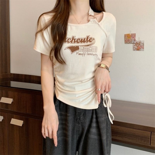 Unique design, layered, off-shoulder short-sleeved T-shirt for women, perfect for summer, slim fit, drawstring, chic cropped top.