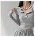 American style gray slim-fit long-sleeved base layer T-shirt for women, design-conscious T-shirt, slimming cropped top