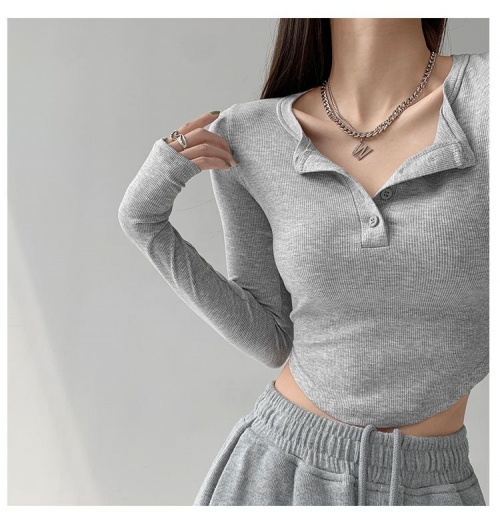 American style gray slim-fit long-sleeved base layer T-shirt for women, design-conscious T-shirt, slimming cropped top