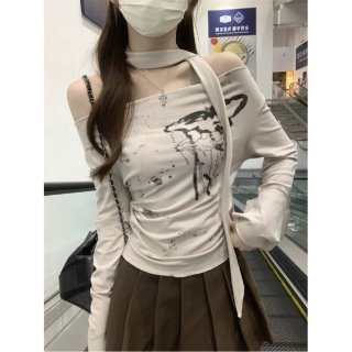 MR High Elastic Ribbed Sweet and Spicy Off-Shoulder Printed Long-Sleeve T-Shirt for Women, Early Autumn, Short and Stylish Design