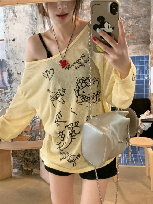 MR Bamboo Stripe Cartoon Print Thin Long-Sleeve T-Shirt, Summer Loose Fit, Sun Protection Cover-Up
