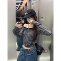 MR Original Style Asymmetrical Neck Off-Shoulder Striped Long-Sleeve T-Shirt for Women, Early Autumn, Sexy, Slim Fit, Short Style