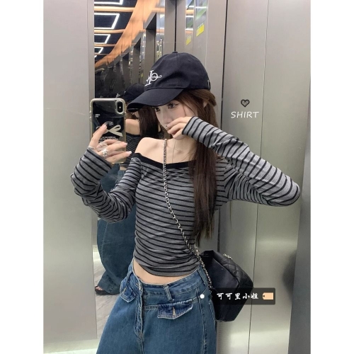 MR Original Style Asymmetrical Neck Off-Shoulder Striped Long-Sleeve T-Shirt for Women, Early Autumn, Sexy, Slim Fit, Short Style