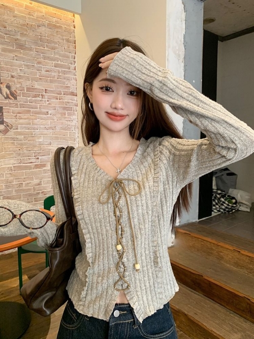MR [Original Fabric Cashmere Ribbed] Sweet and Spicy Slim Fit Long Sleeve Early Autumn Tie-Waist Short V-Neck Long Sleeve Top