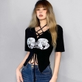 Street-style creative printed cross-strap V-neck T-shirt for women, slim fit, waist-cinching, irregular crop top