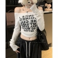 MR [Special Price] Hot Girl Style Off-Shoulder Letter Print T-Shirt Women's Early Autumn Slim Fit Short Top