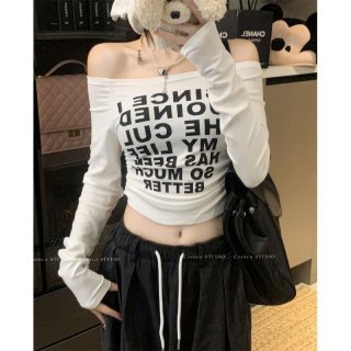 MR [Special Price] Hot Girl Style Off-Shoulder Letter Print T-Shirt Women's Early Autumn Slim Fit Short Top