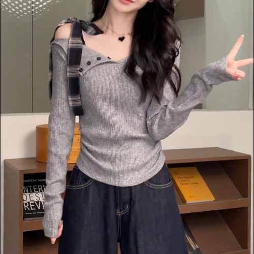 MR Original Quality Design Tie-Waist V-Neck Long-Sleeve Knit Top for Women, Autumn and Winter