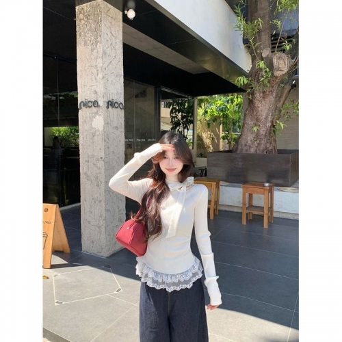 MR Comfortable Fleece Original Quality Korean Style White Base Layer Top for Women, Early Autumn, Bow, Chanel-Style Lace
