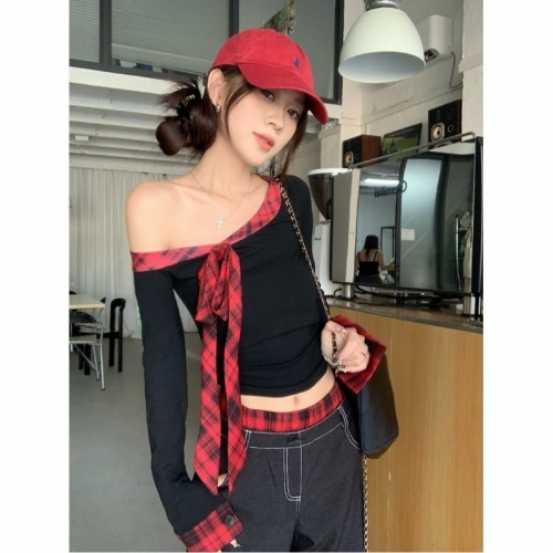 MR 40-count rayon sexy off-shoulder bow tie long-sleeved t-shirt for layering