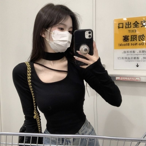 MR [Ribbon Velvet] Autumn/Winter Inner Layer Base Shirt Top with Stylish Halter Neck, Half-High Neck, Slim Fit Short T-Shirt