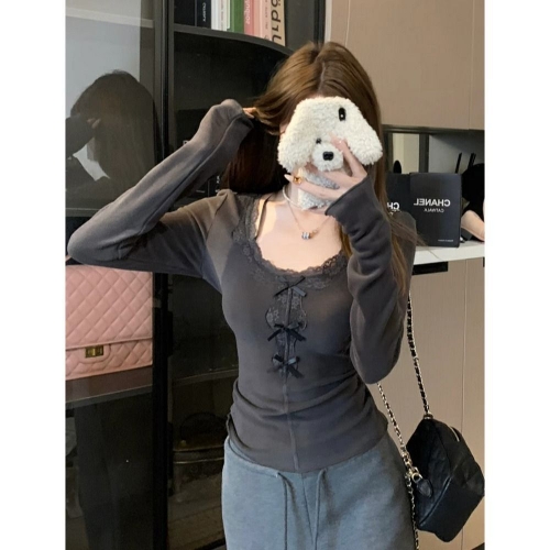 MR [Ribbon Velvet] Sweet Bow Lace Patchwork U-Neck Long Sleeve T-Shirt, Slim Fit, Flattering Base Layer