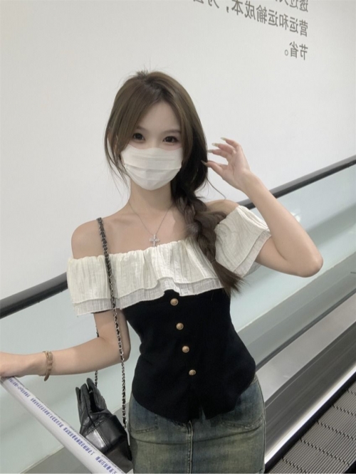 MR has shipped a uniquely designed, fitted, short-sleeved women's top with French-style ruffles and off-the-shoulder details.