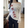 MR [High-Quality Mink Fur] White Off-Shoulder Bow Tie Base Layer Top for Women, Autumn and Winter Long-Sleeved T-Shirt