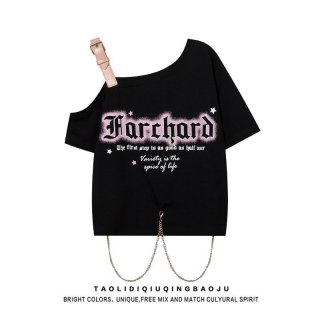 MR Original Style American-Style Star and Letter Print Short-Sleeve T-Shirt for Women, Sweet and Cool Style, Spicy Off-Shoulder with Chain