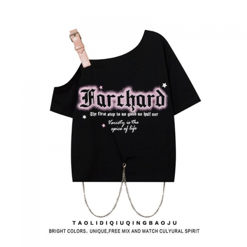 MR Original Style American-Style Star and Letter Print Short-Sleeve T-Shirt for Women, Sweet and Cool Style, Spicy Off-Shoulder with Chain MR Original Style American-Style Star and Letter Print Short-Sleeve T-Shirt for Women, Sweet and Cool Style, Spicy Off-Shoulder with Chain