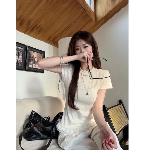 MR [Pure Cotton Jacquard] Korean Style Sweet Lace Trim Short-Sleeve T-Shirt for Women, Slim Fit and Gentle