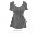 MR Grey U-Neck Short-Sleeve Top with Straight Shoulders - Unique Design, Mid-Length, Sweet and Spicy Style