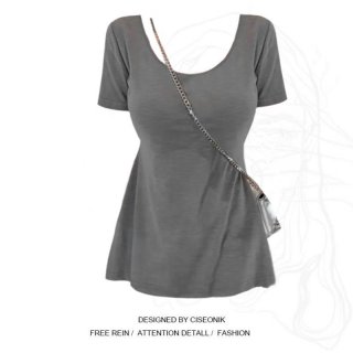 MR Grey U-Neck Short-Sleeve Top with Straight Shoulders - Unique Design, Mid-Length, Sweet and Spicy Style