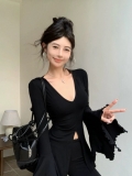 MR High Elastic Ribbed American Style Hot Girl V-Neck Flared Sleeve T-Shirt Women's Autumn Slim Fit Slit Black Long Sleeve