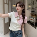 Women's Spring/Summer Korean Style Sweet and Spicy Short-Sleeved Polo Shirt with Hollow-Out Heart Color Block