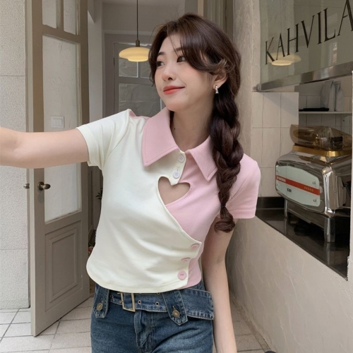 Women's Spring/Summer Korean Style Sweet and Spicy Short-Sleeved Polo Shirt with Hollow-Out Heart Color Block Women's Spring/Summer Korean Style Sweet and Spicy Short-Sleeved Polo Shirt with Hollow-Out Heart Color Block