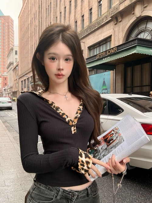 MR [Original Recipe] Retro Leopard Print V-Neck Short Top, Slim Fit, Sweet and Spicy Style, Unique Design Base Layer