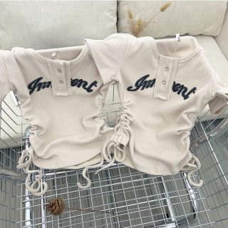 [In Stock] Ribbed Drawstring Design Niche T-Shirt, Short Sleeve, Petite Women's Straight Shoulder Top, Summer