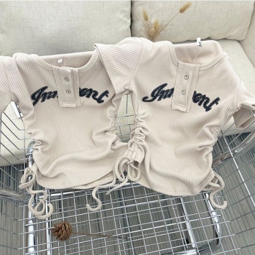 [In Stock] Ribbed Drawstring Design Niche T-Shirt, Short Sleeve, Petite Women's Straight Shoulder Top, Summer