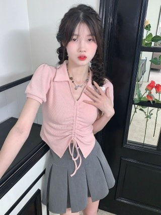 [In Stock] Host's Choice! Short Waffle Polo Collar with Puff Sleeves, Drawstring, V-Neck