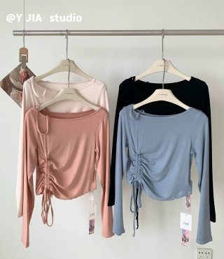 Official Images: Summer Thin Off-Shoulder Halter Neck T-Shirt for Women, Unique Design, Slim Fit, Long Sleeves, Side Drawstring Top Official Images: Summer Thin Off-Shoulder Halter Neck T-Shirt for Women, Unique Design, Slim Fit, Long Sleeves, Side Drawstring Top
