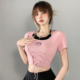 Official photos and actual price: Summer sweet and sexy style T-shirt for women, waist-cinching tie-waist design, short top, sexy and flattering.