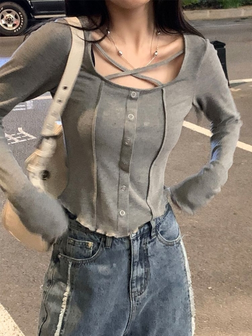 Hot Girl's Slim Fit Short Top with Collarbone Enhancement, Thin and Slim Fit, Long Sleeve Knitted T-Shirt for Summer