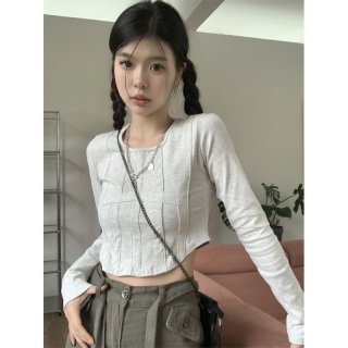 [In Stock] Sexy and Slim Fit Herringbone Pattern Long-Sleeve T-Shirt for Early Autumn - Short Base Layer Top