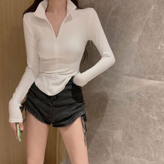 [In Stock] European and American Style Elastic Tight-Fit Long-Sleeve T-Shirt with Lapel Collar, Sexy Style, Slim Fit, Inner Wear, Base Layer Top, Trendy