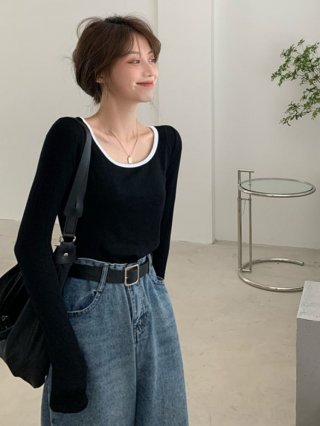 MR High-elastic Ribbed Long-Sleeve T-Shirt for Women, Collarbone Style, Autumn Inner Layer, Base Layer, Short Top