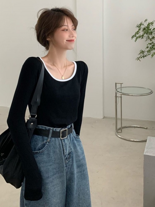 MR High-elastic Ribbed Long-Sleeve T-Shirt for Women, Collarbone Style, Autumn Inner Layer, Base Layer, Short Top MR High-elastic Ribbed Long-Sleeve T-Shirt for Women, Collarbone Style, Autumn Inner Layer, Base Layer, Short Top