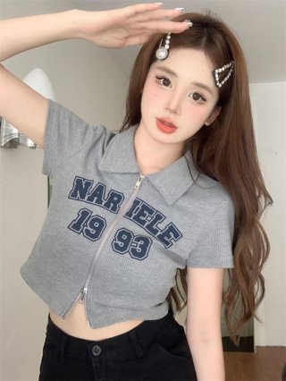 MR Original American Style Cardigan T-Shirt with Straight Shoulders, Women's Summer College Style, Slimming and Flattering Polo Shirt MR Original American Style Cardigan T-Shirt with Straight Shoulders, Women's Summer College Style, Slimming and Flattering Polo Shirt