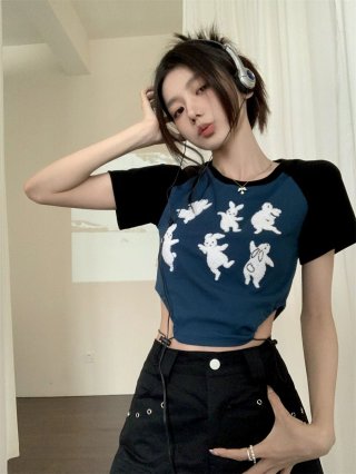 [In Stock] American Style Embroidered Rabbit Short-Sleeve T-Shirt, Women's Summer Drawstring Slim Fit Short Irregular Top