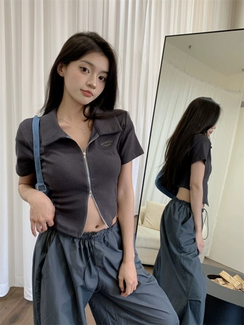 [In Stock] Korean Style Polo Neck T-Shirt for Women, Summer, Double Zipper Design, Unique Style, Slim Fit, Short