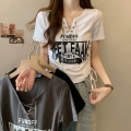 Official Images: American Retro Print V-Neck Short-Sleeve T-Shirt, New Summer Style, Drawstring Short Top for Hot Girls