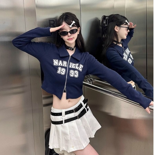 Autumn American-style sexy zipper design, off-shoulder long-sleeved T-shirt, short jacket, slim-fit cardigan for women