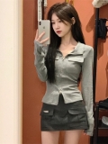 MR Spicy Gray Double Zipper Polo Neck Long Sleeve T-Shirt for Women, Autumn and Winter, Slim Fit and Short