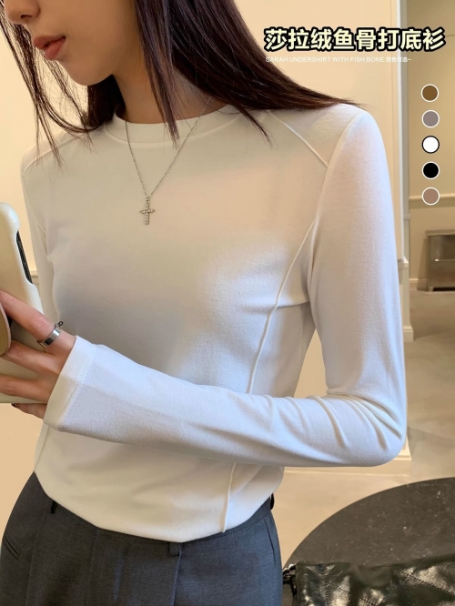 High-quality herringbone slim-fit base layer top for women, autumn and winter, white, versatile, slimming long-sleeved top